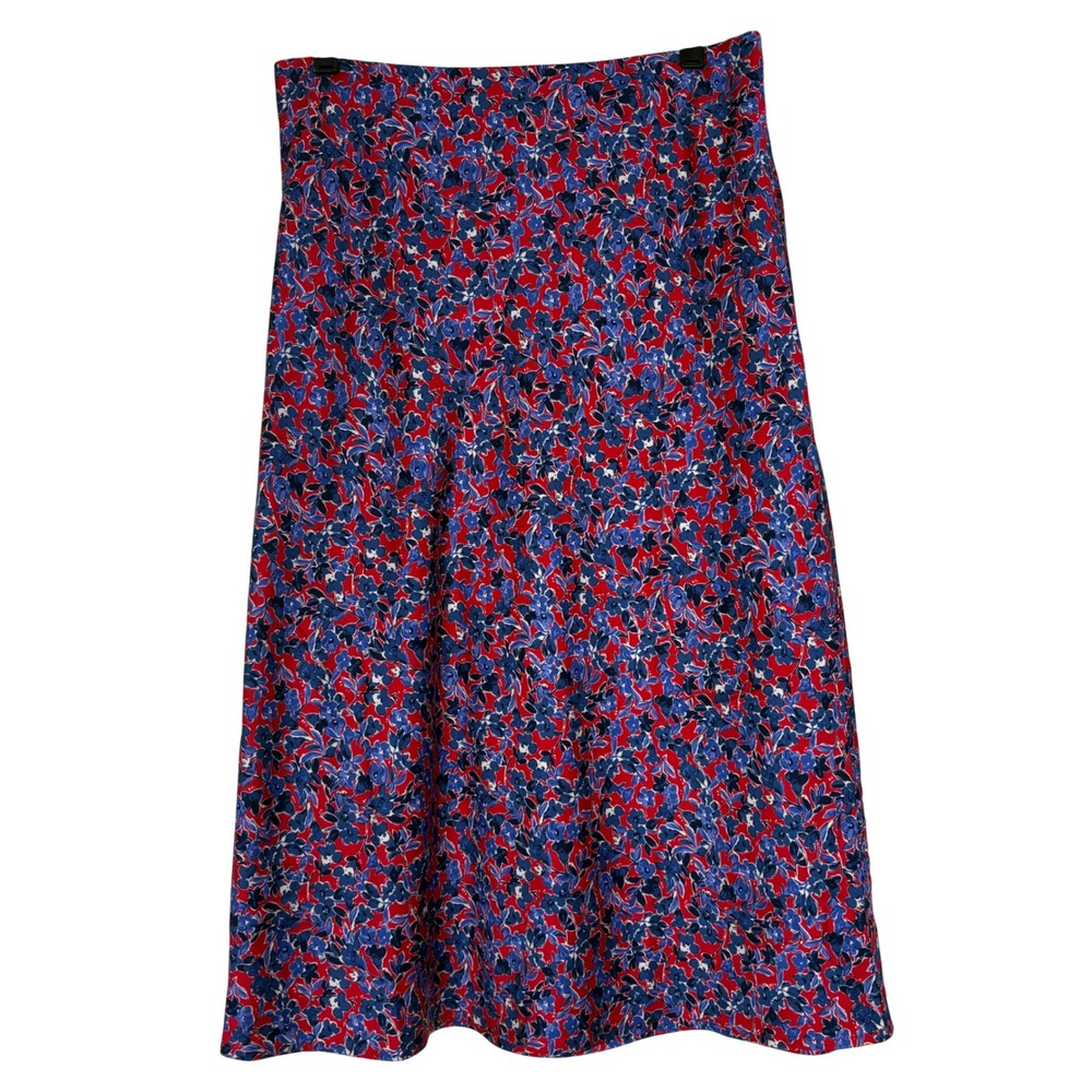 J.Crew Red Blue Floral Bias Satin Slip Midi Skirt Romantic Feminine Size Medium